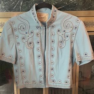 Western Embroidered Blue Short Sleeve Cropped Jacket